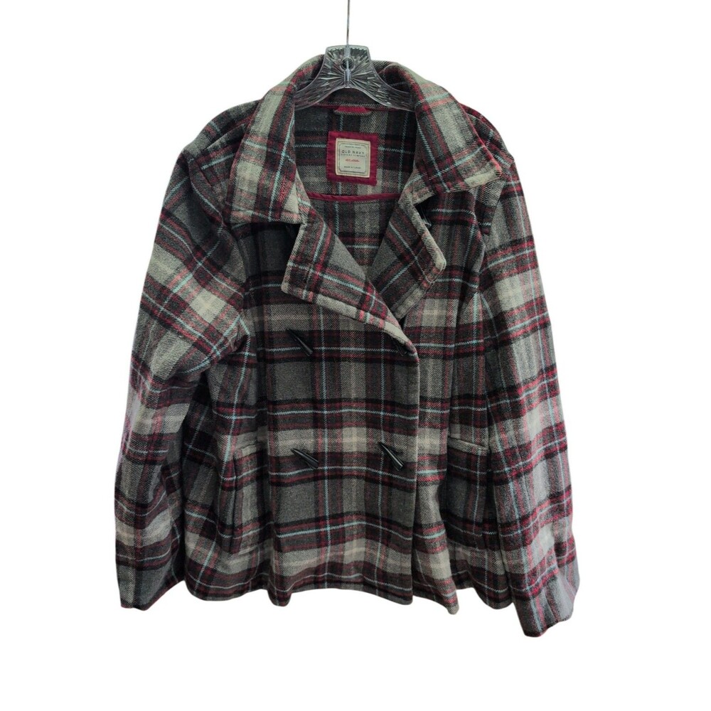 Old Navy XXL Plaid Wool Blend Toggle Peacoat Gray Red Blue Duffle Jacket
